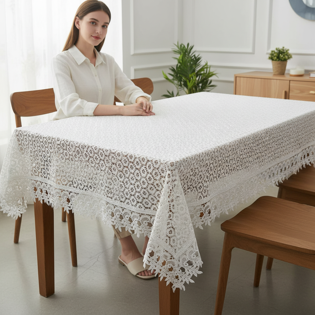 Vintage-Style Knitted Lace Dining Tablecloth for 6-8  Seater | Elegant Ivory/White