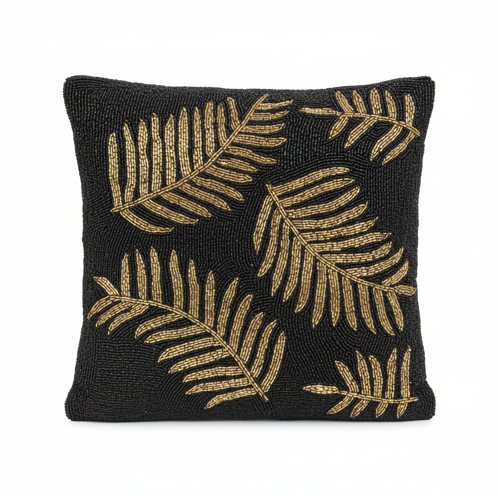 Golden Leafy Black Beaded Elegant Cushion Cover