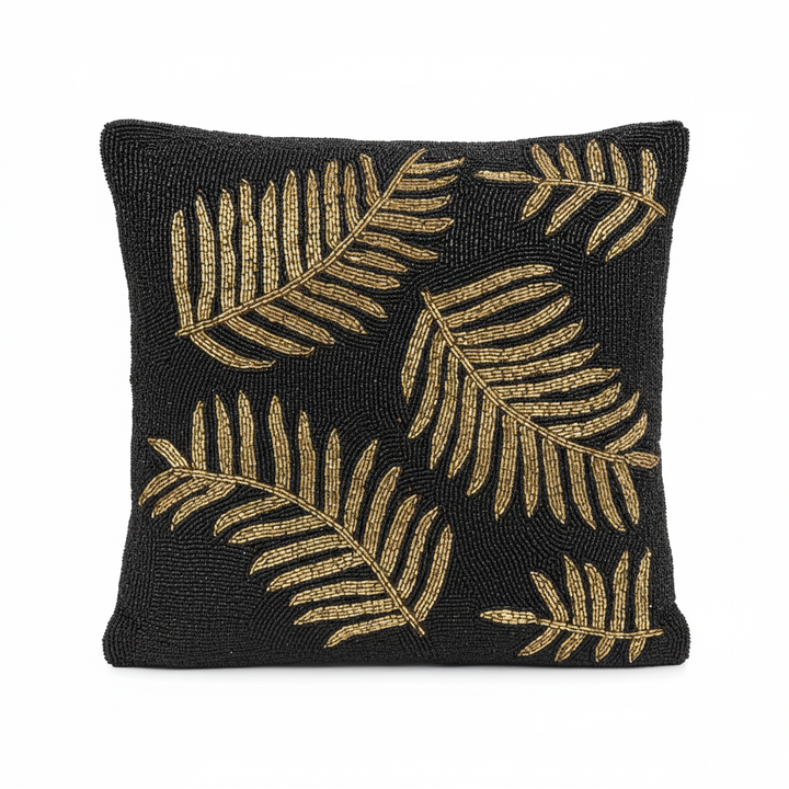 Golden Leafy Black Beaded Elegant Cushion Cover