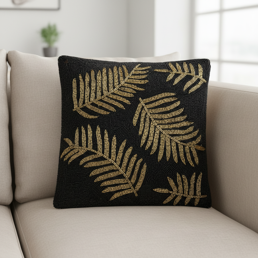 Golden Leafy Black Beaded Elegant Cushion Cover
