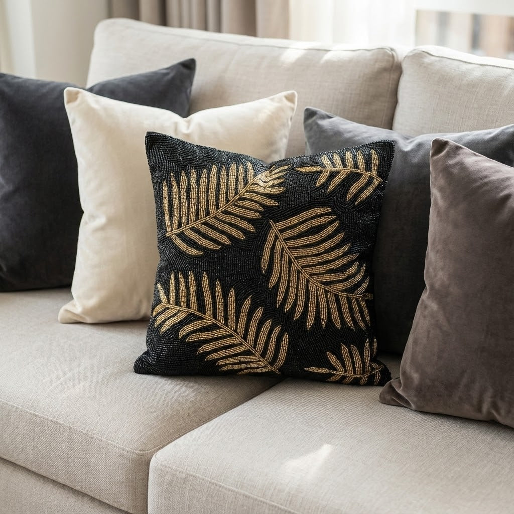 Golden Leafy Black Beaded Elegant Cushion Cover