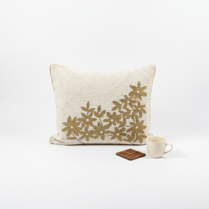 Golden Leafy Beaded Elegant Embroidery Cushion Cover