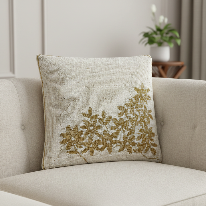 Golden Leafy Beaded Elegant Embroidery Cushion Cover