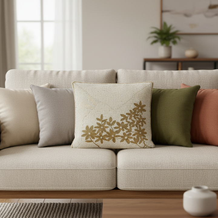 Golden Leafy Beaded Elegant Embroidery Cushion Cover