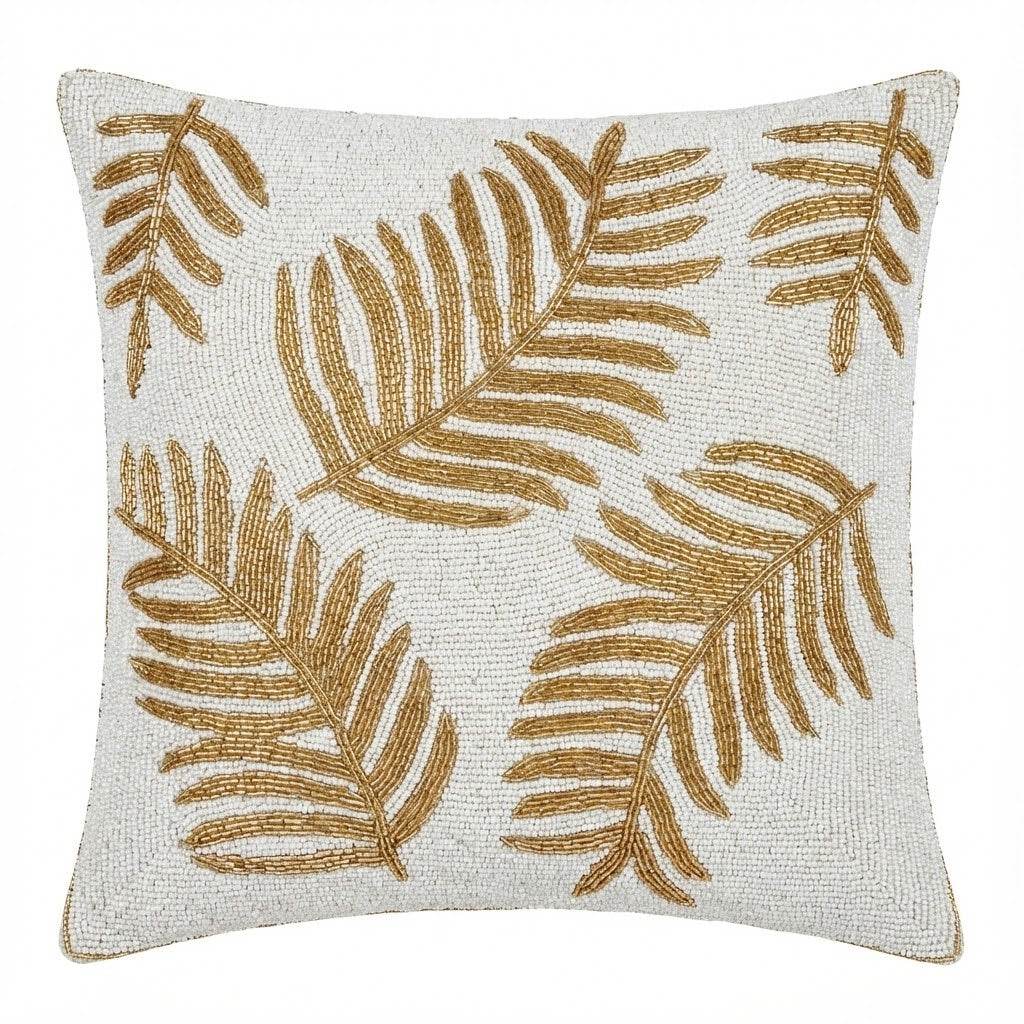 Golden Leafy Beaded Elegant Cushions Cover | Embroidery
