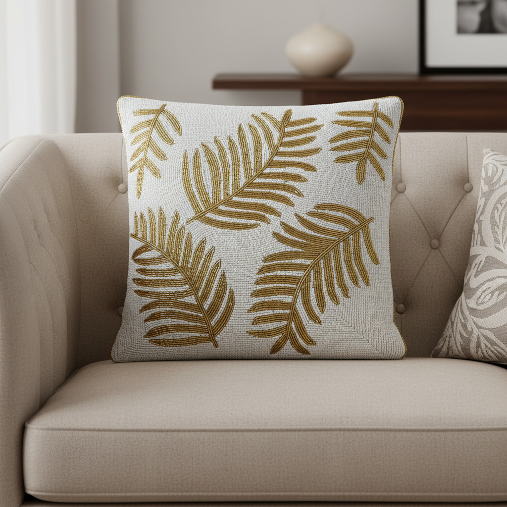 Golden Leafy Beaded Elegant Cushions Cover | Embroidery