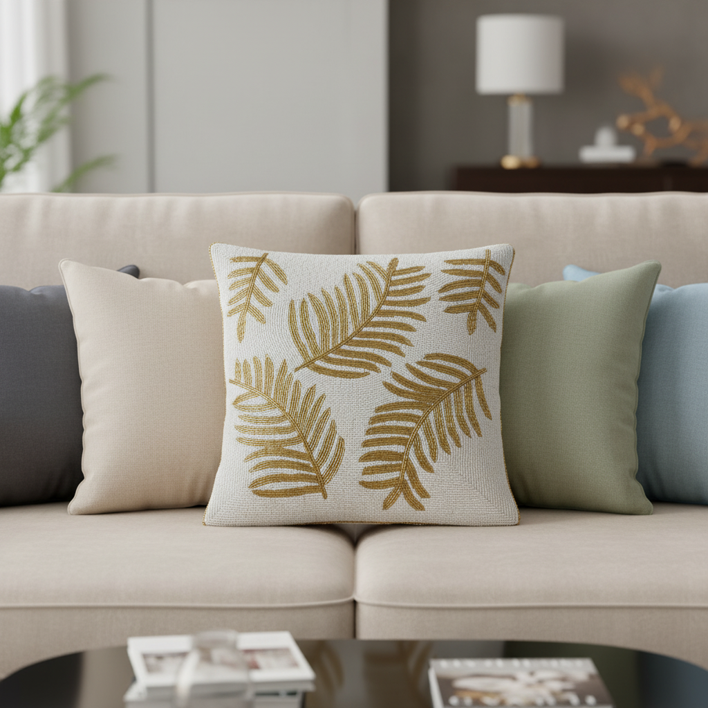 Golden Leafy Beaded Elegant Cushions Cover | Embroidery