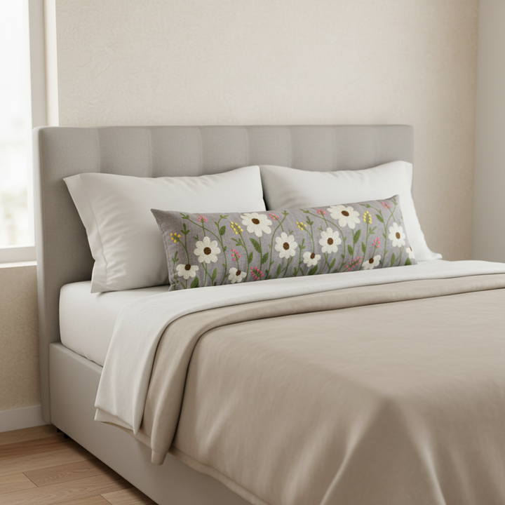 Elegant Long Decorative Bolster Pillow | Floral Embroidery