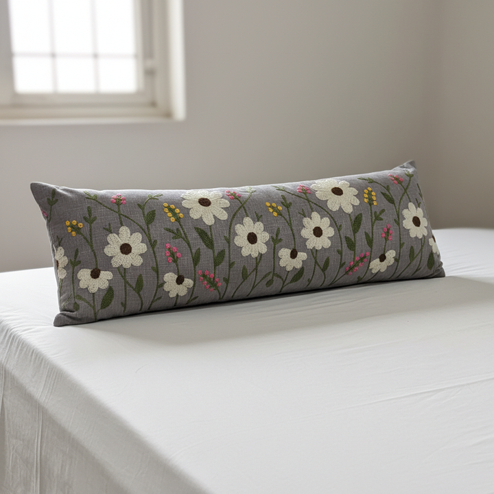 Elegant Long Decorative Bolster Pillow | Floral Embroidery