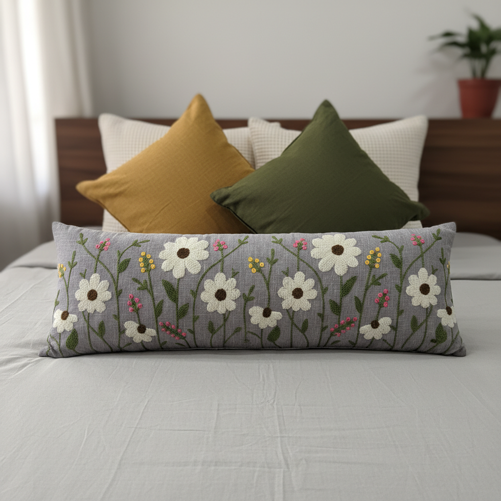 Elegant Long Decorative Bolster Pillow | Floral Embroidery