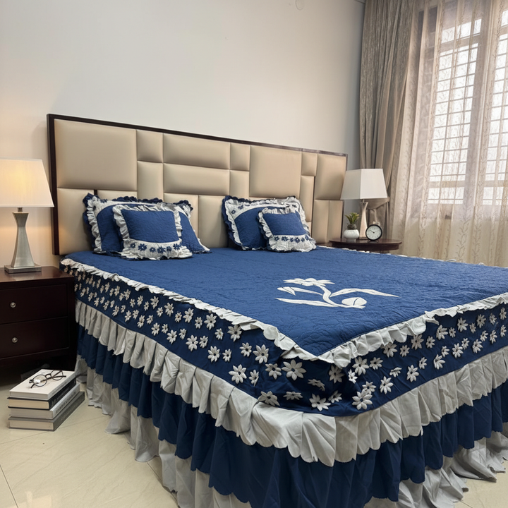 Luxury Floral Embroidery & Designer Frill Skirt Pure Cotton King Bedcover,  Navy Blue
