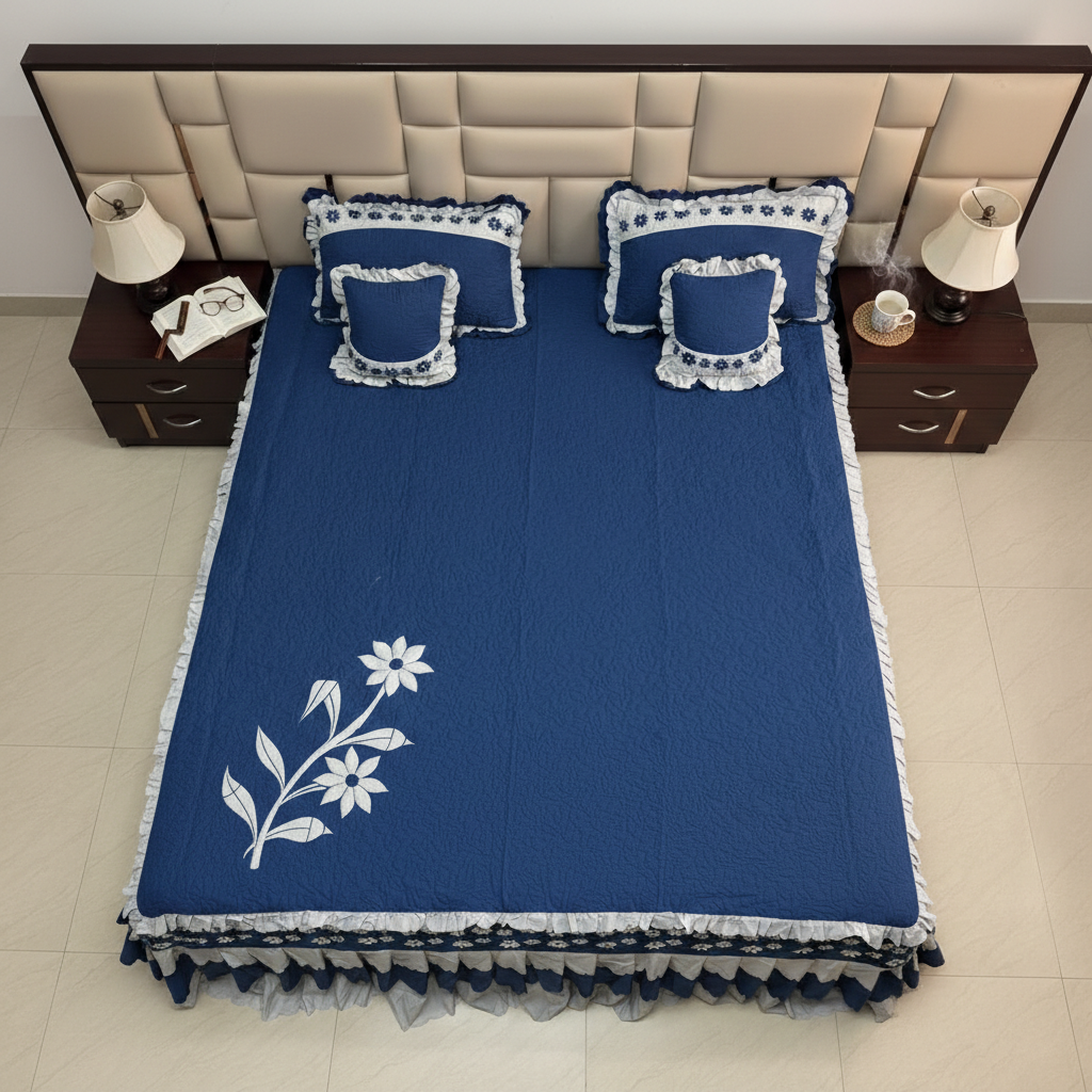 Luxury Floral Embroidery & Designer Frill Skirt Pure Cotton King Bedcover,  Navy Blue