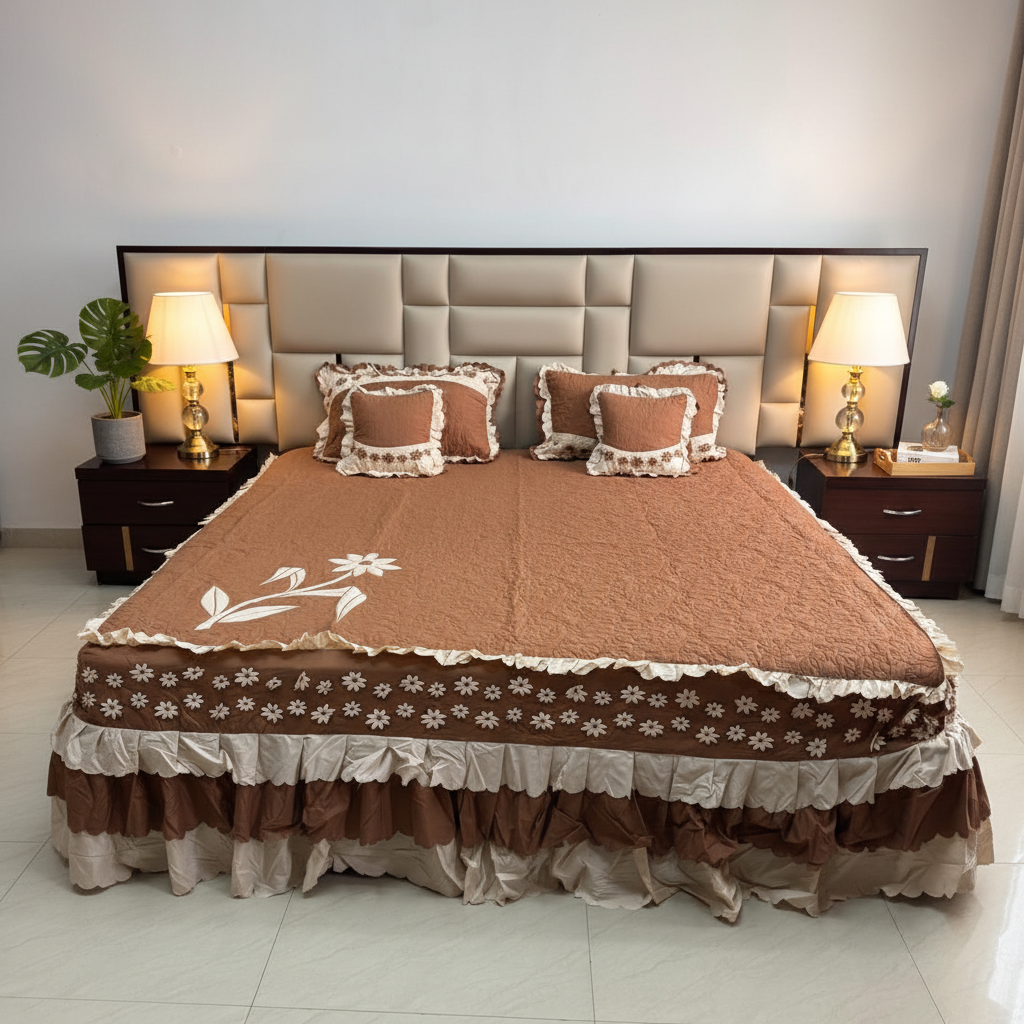 Luxury Floral Embroidery & Designer Frill Skirt Pure Cotton King Size Bedcover, Warm Brown