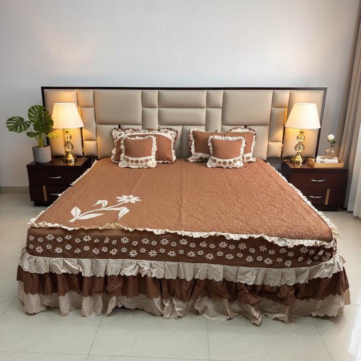 Luxury Floral Embroidery & Designer Frill Skirt Pure Cotton King Size Bedcover, Warm Brown