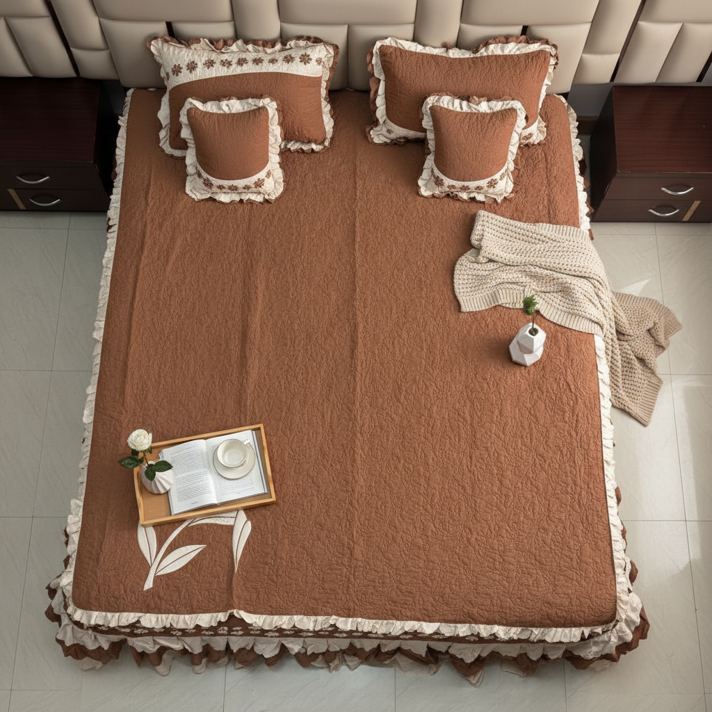 Luxury Floral Embroidery & Designer Frill Skirt 100% Cotton King Size Bedcover, Warm Brown