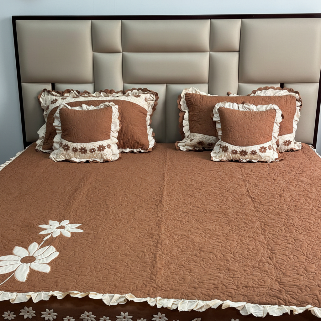 Luxury Floral Embroidery & Designer Frill Skirt Pure Cotton King Size Bedcover, Warm Brown