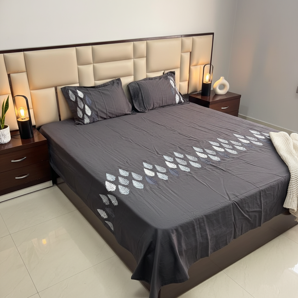 Heritage Weave 100% Cotton King Size Embroidered Bedsheet, 400 TC Black