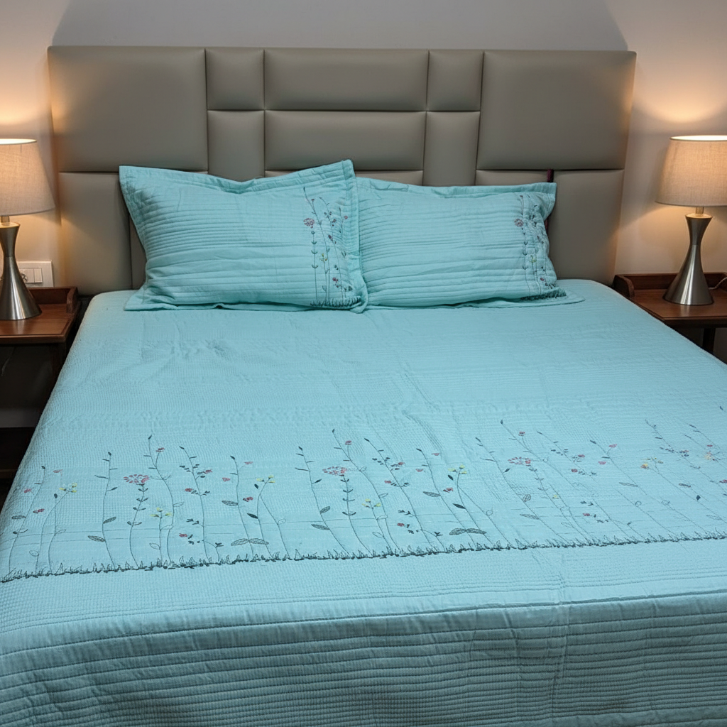 Thid luxury Garden Bloom Embroidery Pure Cotton King Size Bedcover Sea Green