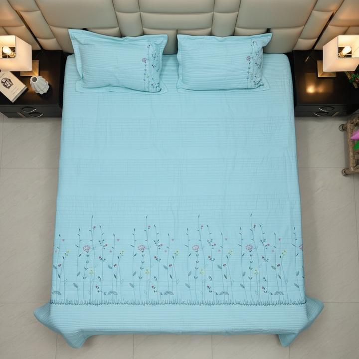 Thid luxury Garden Bloom Embroidery Pure Cotton King Size Bedcover Sea Green