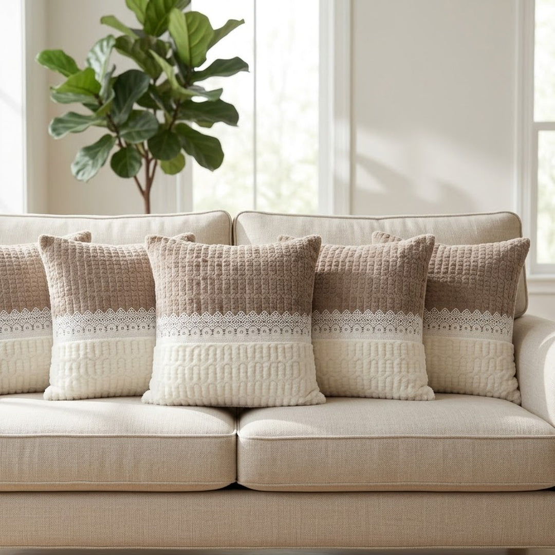 Quilted Brown Ivory cushion covers on a beige sofa