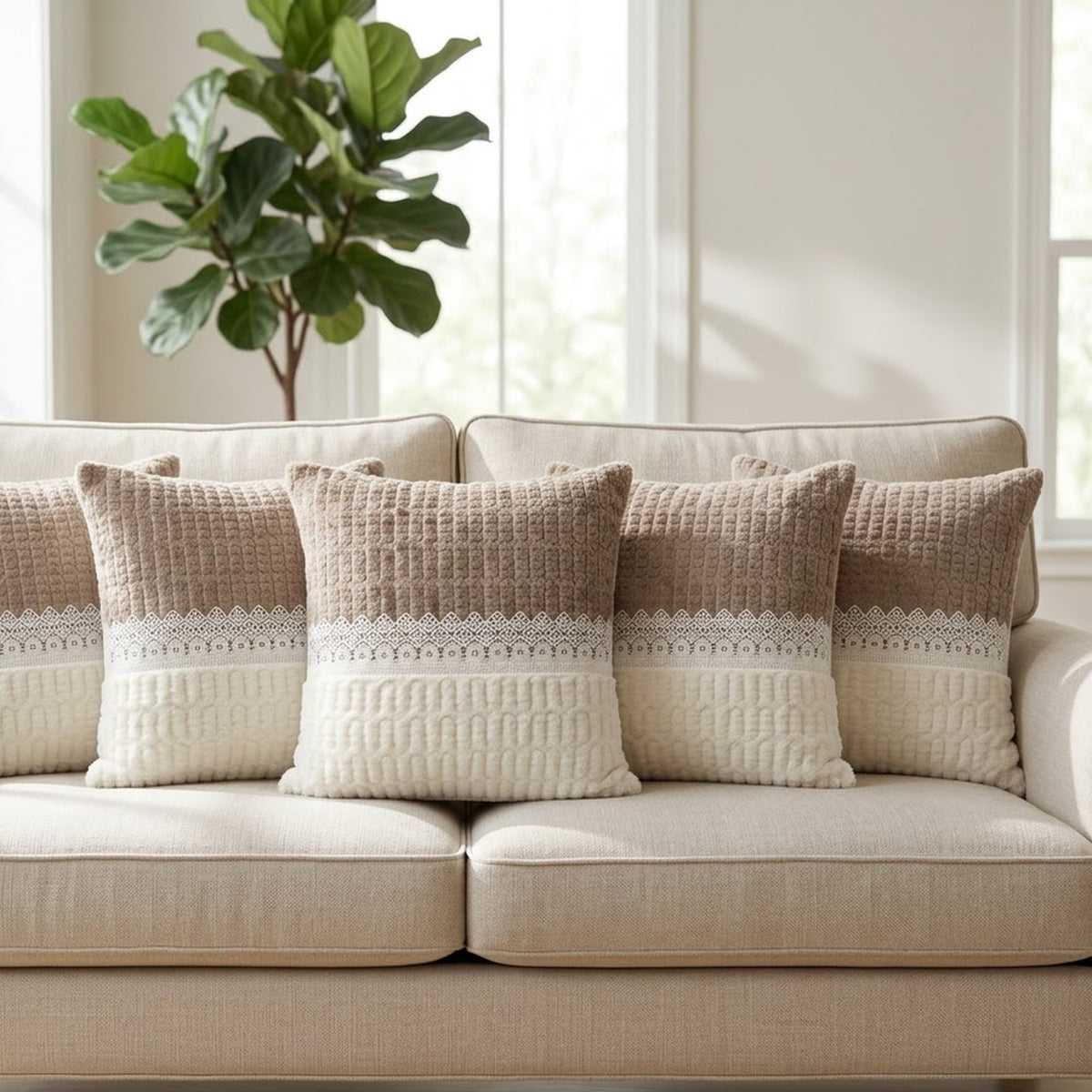 Quilted Brown Ivory cushion covers on a beige sofa
