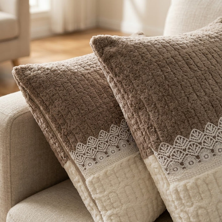 Quilted Brown Ivory cushion cover close-up with lace trim