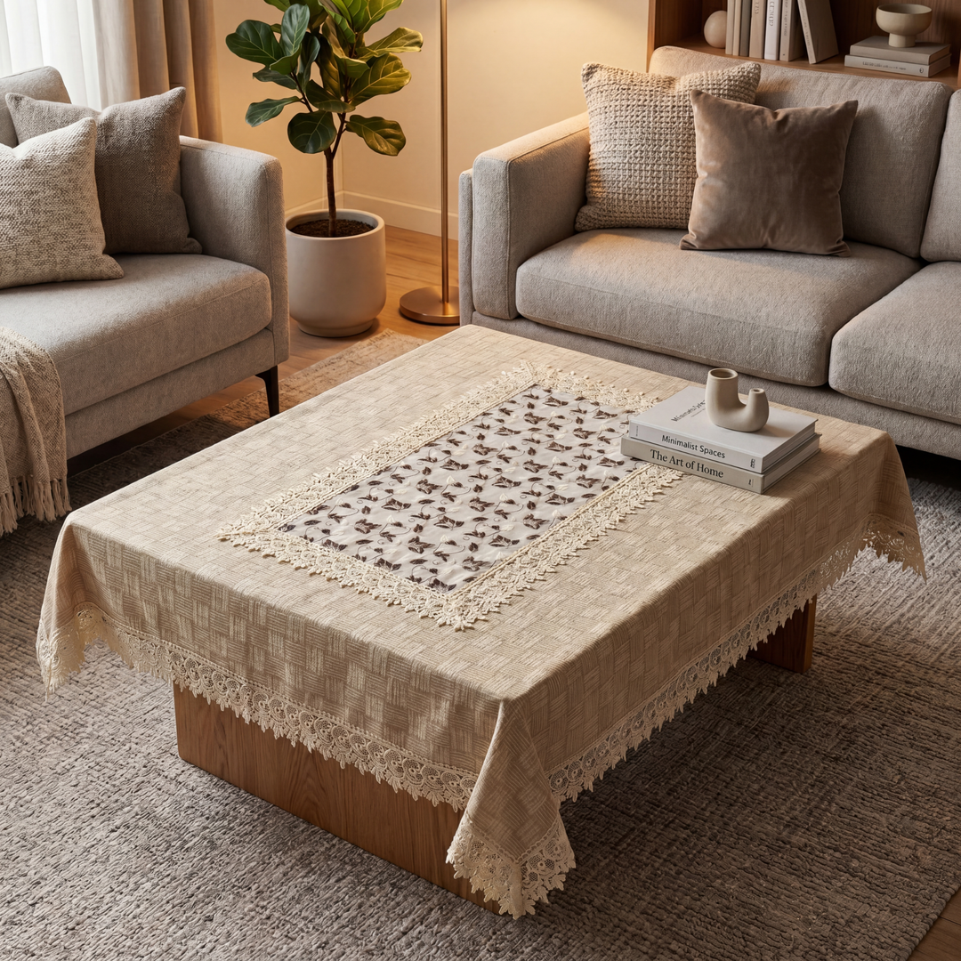 Noor-e-Lace Premium Centre Table Cover with Tissue Embroidery & Lace Border – 40x60 Inch - Beige