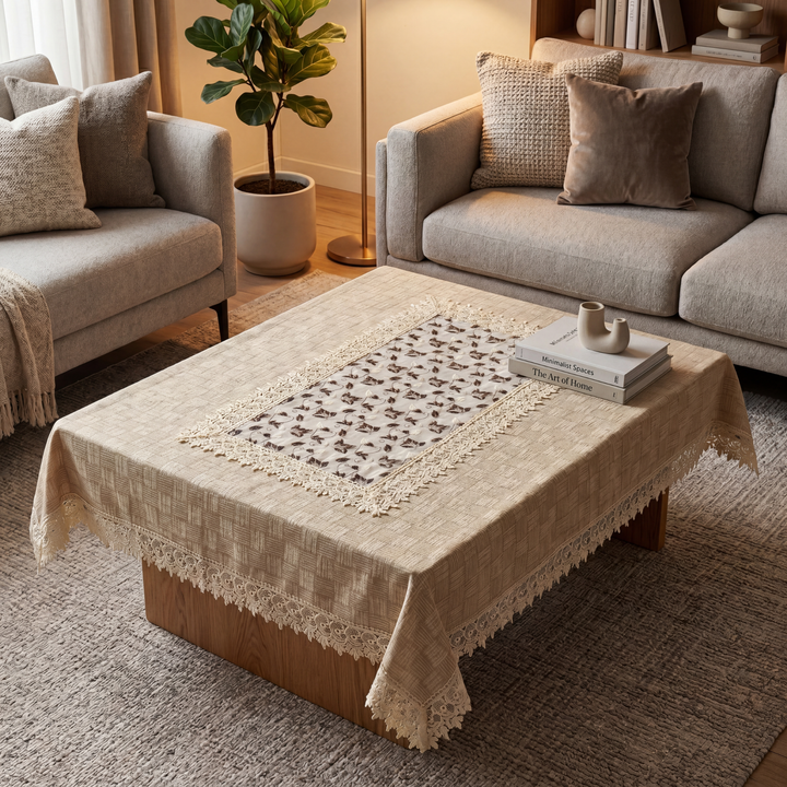 Noor-e-Lace Premium Centre Table Cover with Tissue Embroidery & Lace Border – 40x60 Inch - Beige
