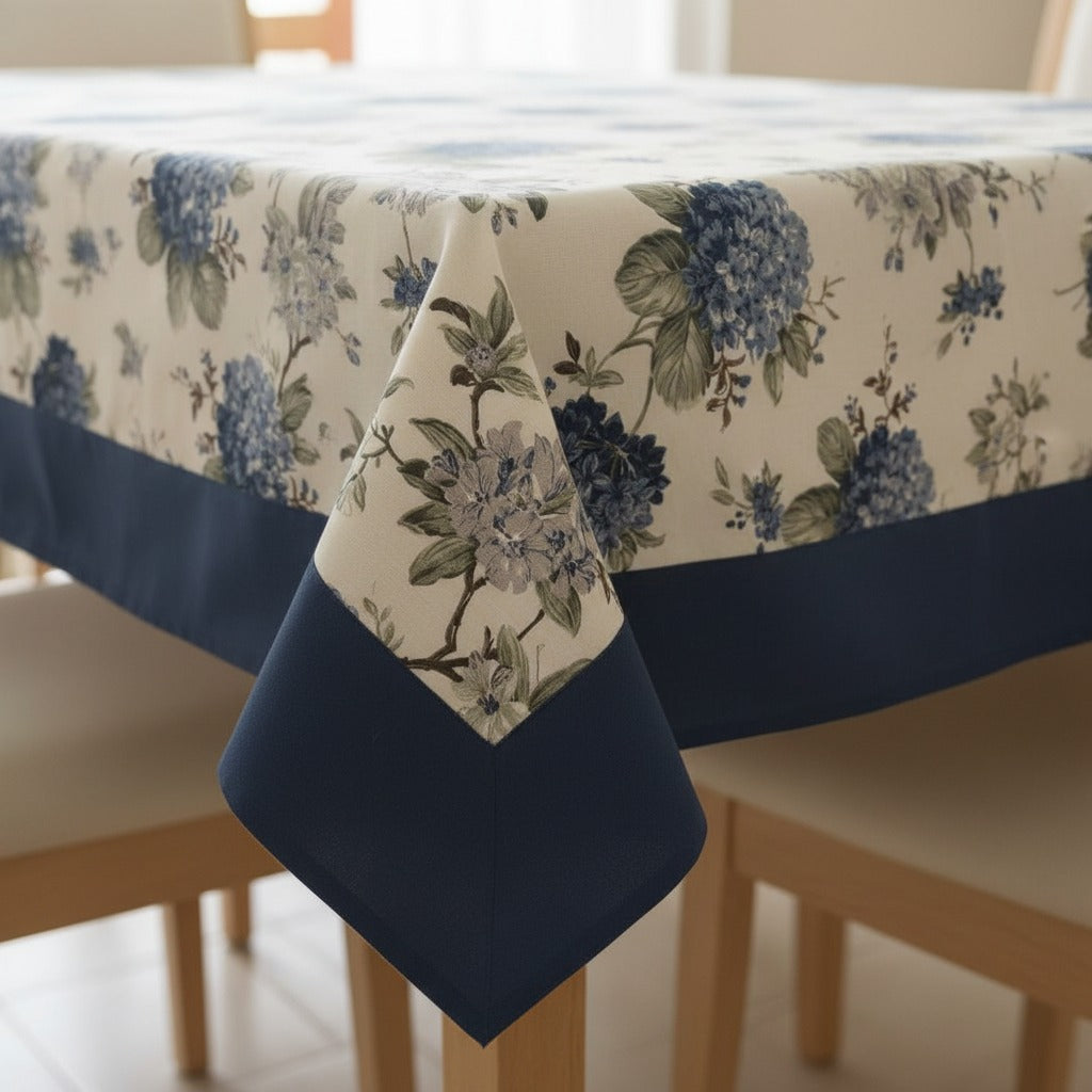 Premium Floral Cotton Table Cover with Navy Blue Border, 6-8 Seater (60x90 Inches)