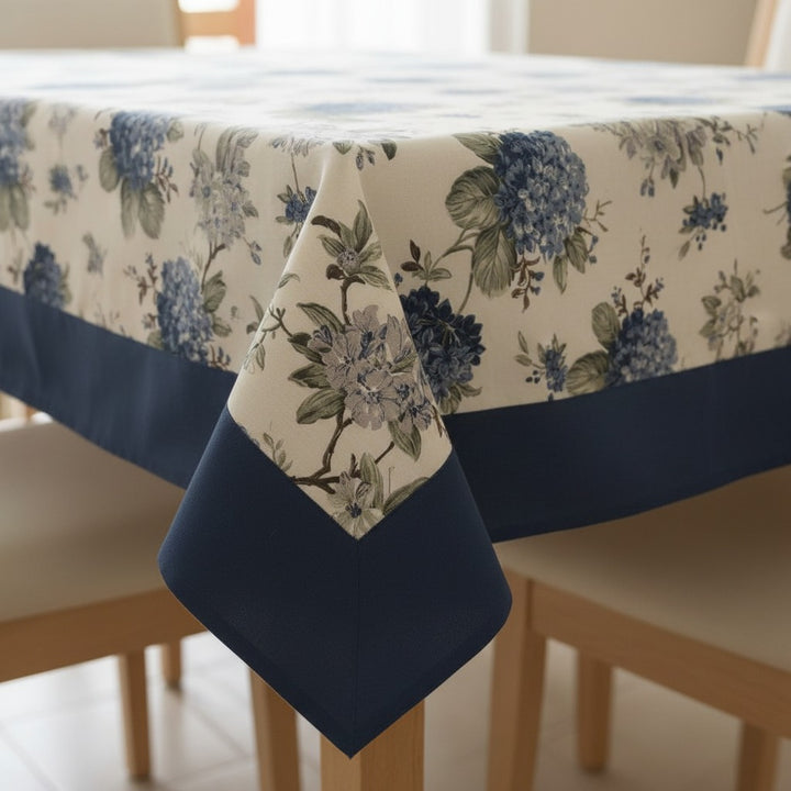 Premium Floral Cotton Table Cover with Navy Blue Border, 6-8 Seater (60x90 Inches)