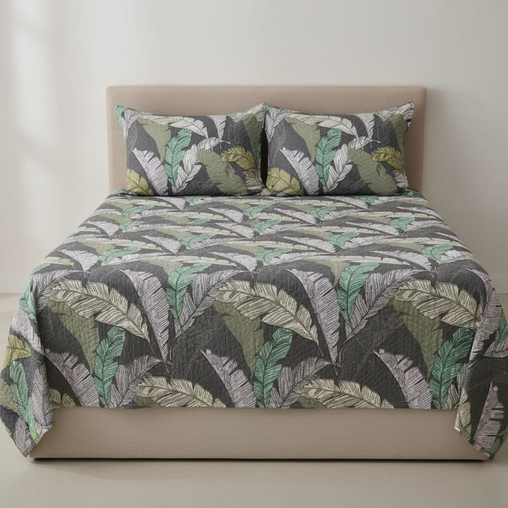 Premium 100% Cotton Leafy Bloom Reversible Quilted King Size Bedsheet- 90 x 100 Inches