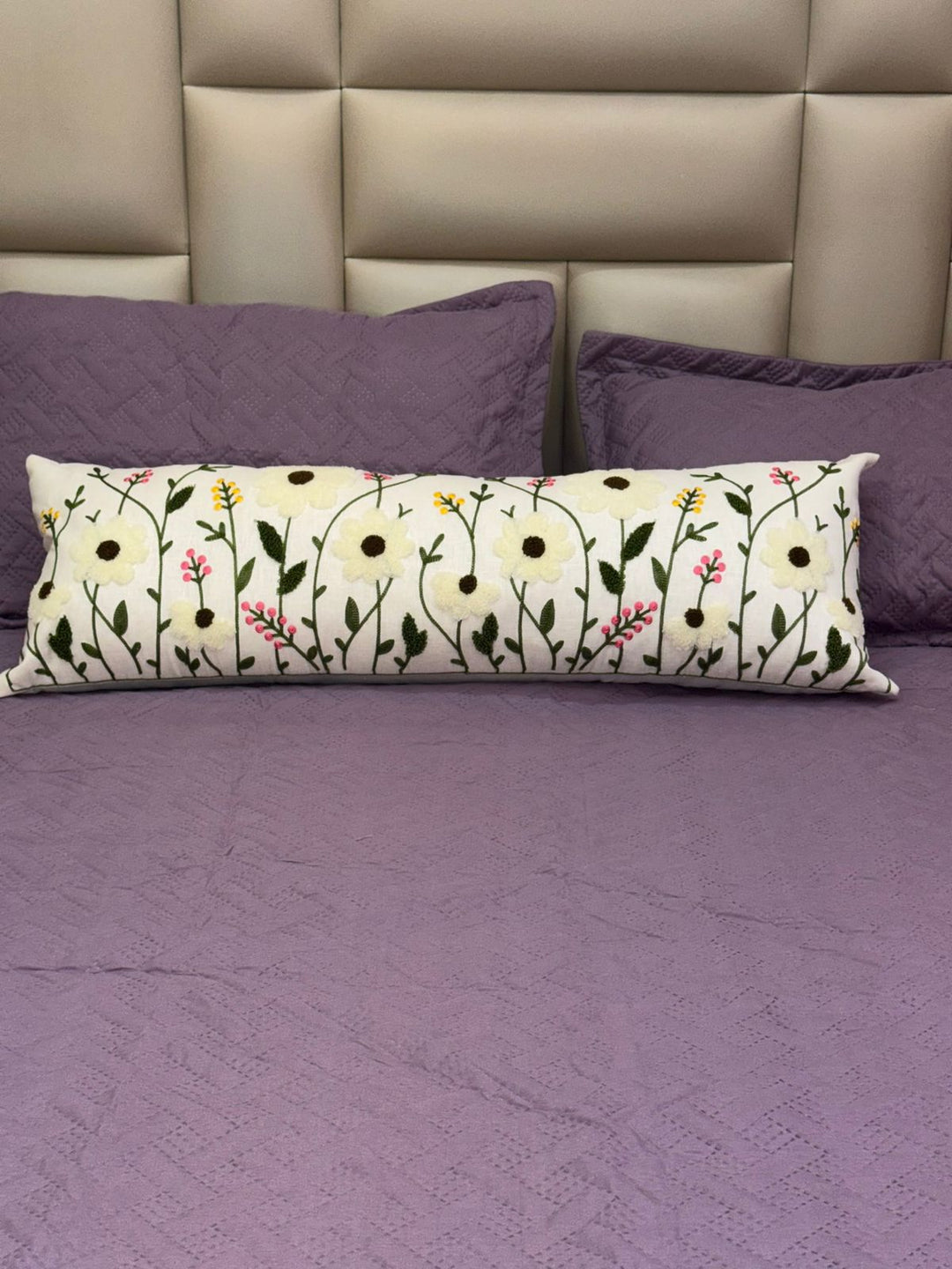 Elegant Long Decorative White Bolster Pillow | Floral Embroidery
