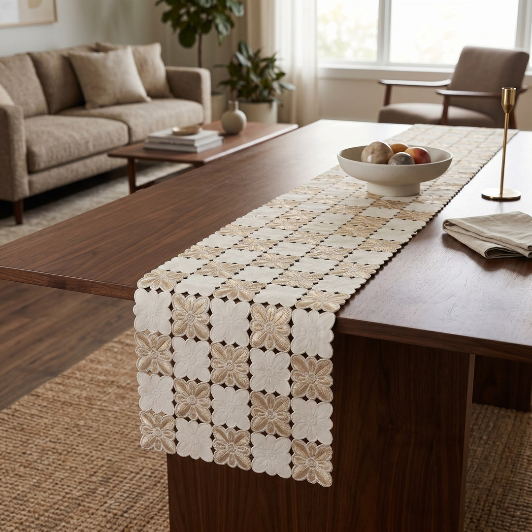 Luxury Floral PVC Table Runner | Premium Cut out Design | 16 x 72 Inches - Gold & White