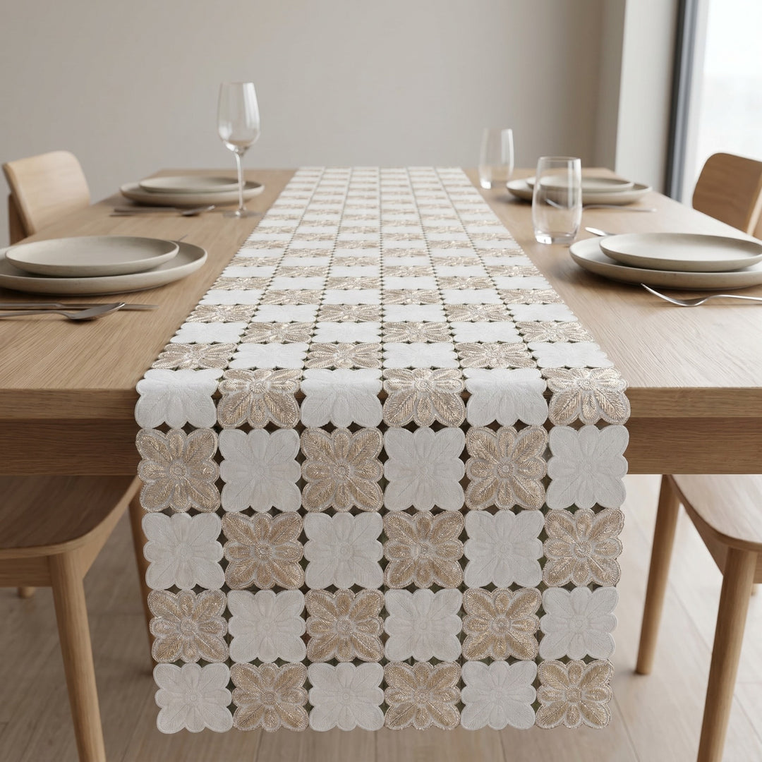 Luxury Floral PVC Table Runner | Premium Cut out Design | 16 x 72 Inches - Gold & White