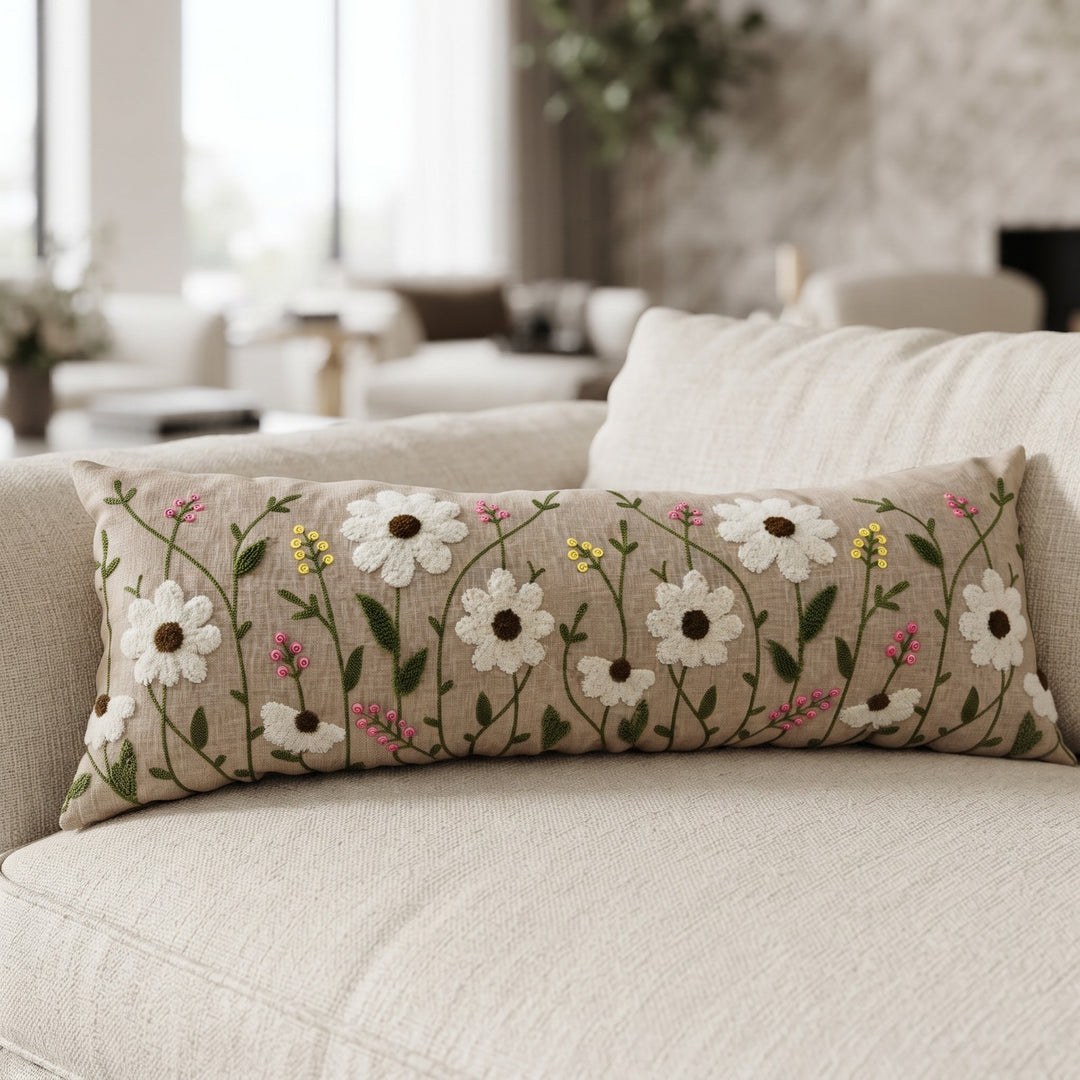 Elegant Long Decorative Beige Bolster Pillow | Floral Embroidery