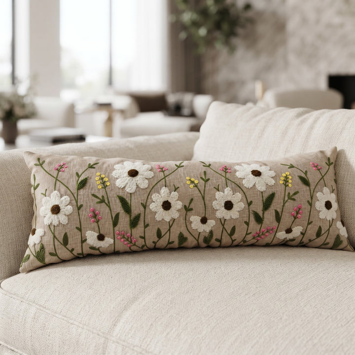 Elegant Long Decorative Beige Bolster Pillow | Floral Embroidery