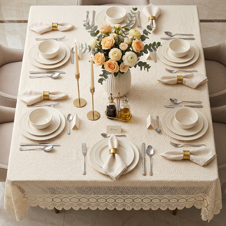 Luxury Floral Bindi Net Embroidery Tissue 6- 8 Seater Table Cloth | 60 x 90 Inch | Light Cream