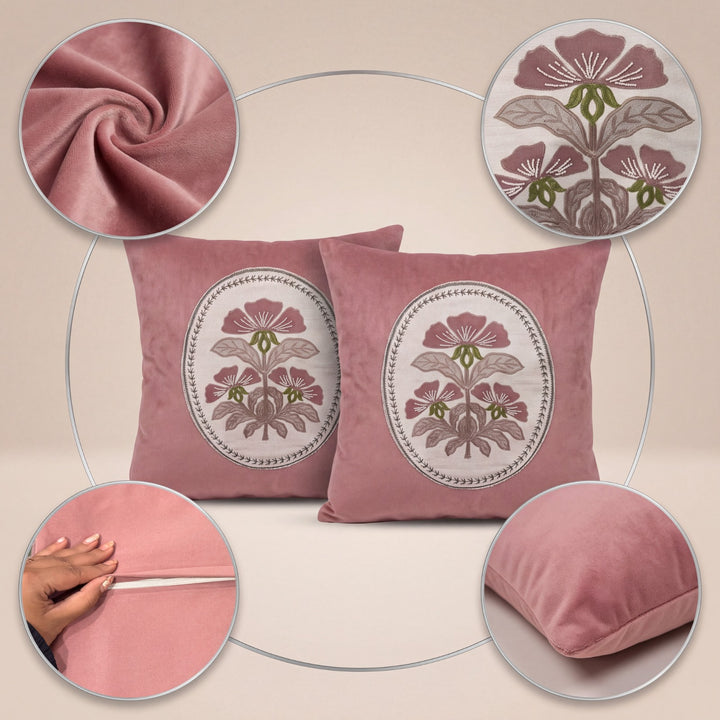 Royal Floral Medallion Embroidered Cushion Covers- Set of 2 - Pink