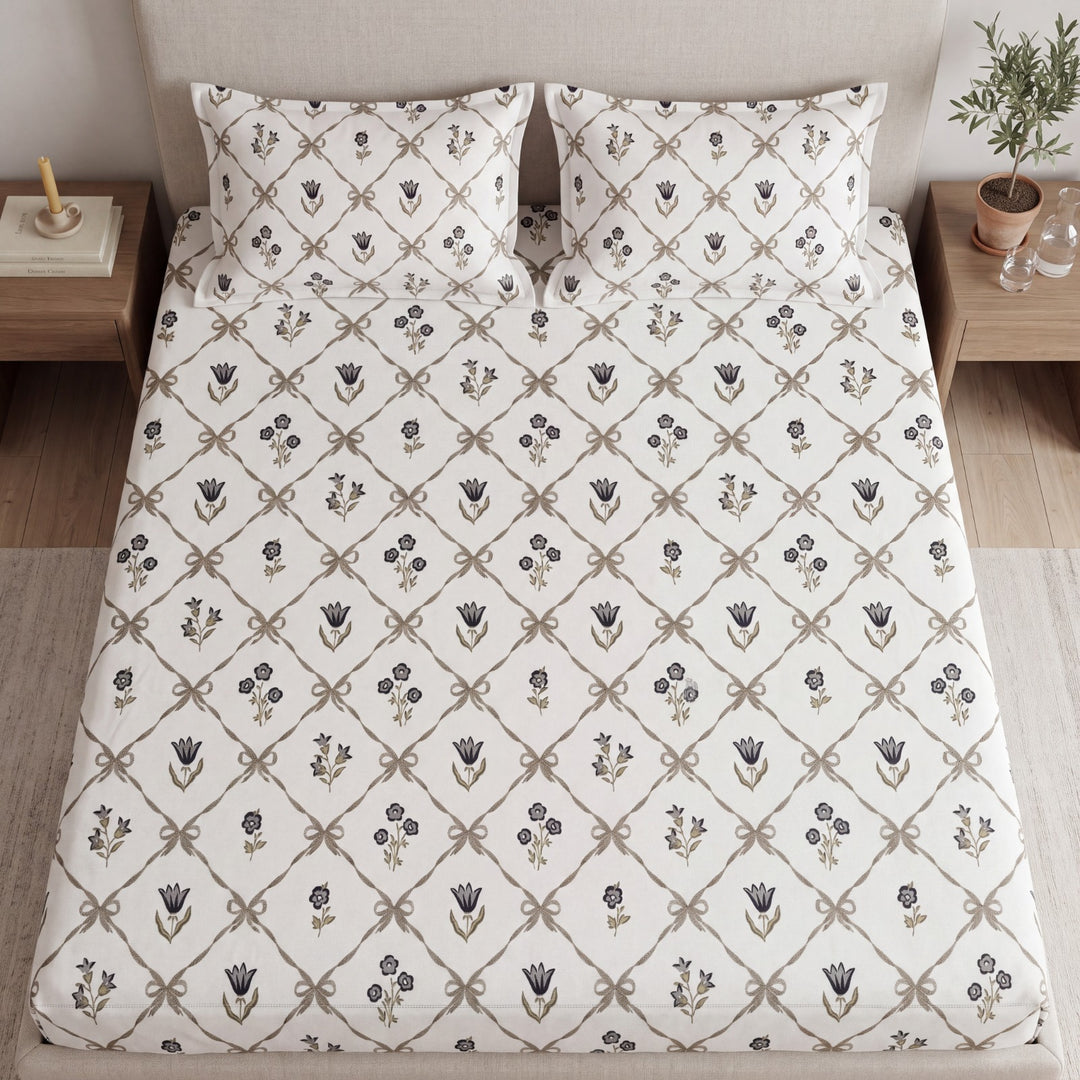 Phoolwari 100% Pure Cotton King Size Bedsheet, 300 TC (108" x 108", Grey)
