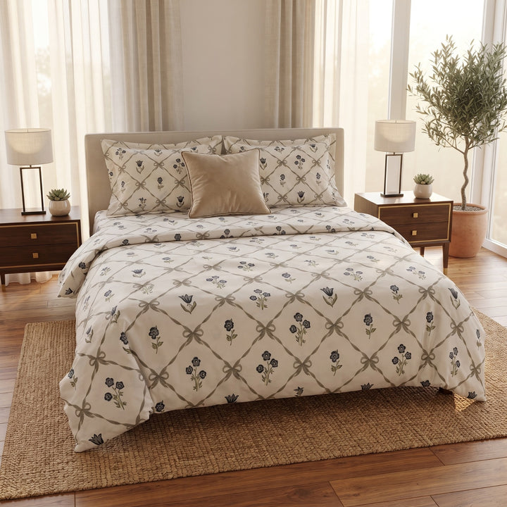 Phoolwari 100% Pure Cotton King Size Bedsheet, 300 TC (108" x 108", Grey)