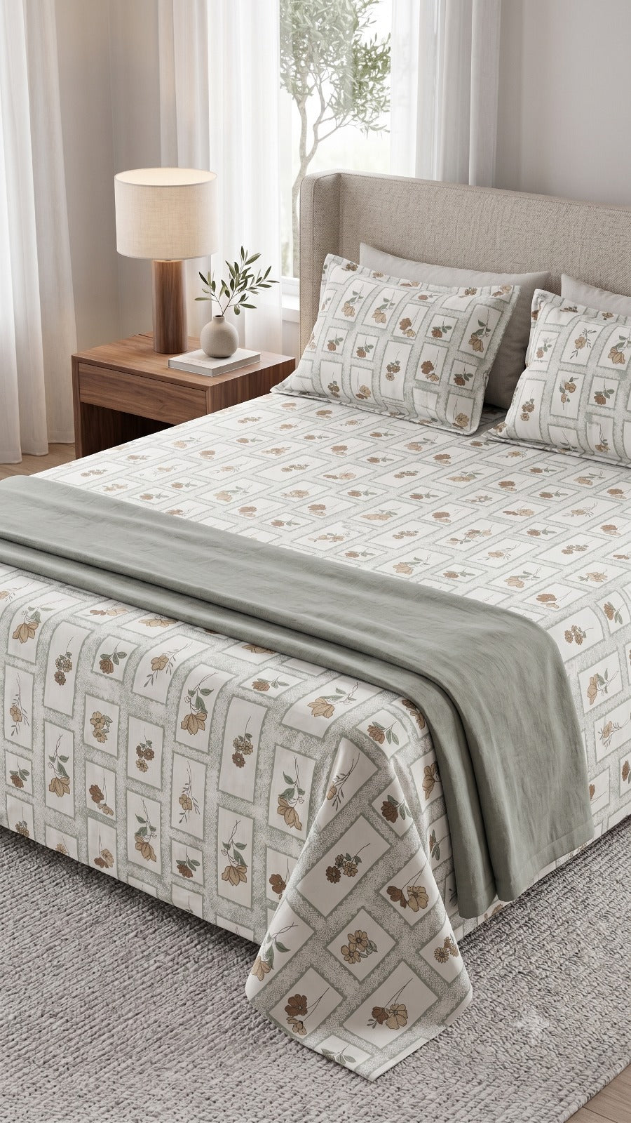 Phoolwari 100% Cotton King Size Bedsheet, 300 TC (108" x 108", Brown)