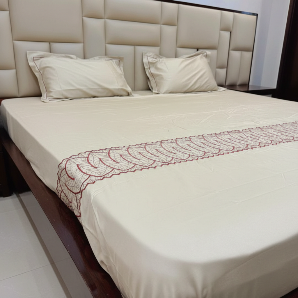Amara Leaf Embroidered Pure Cotton King Size Bedsheet, 400 TC