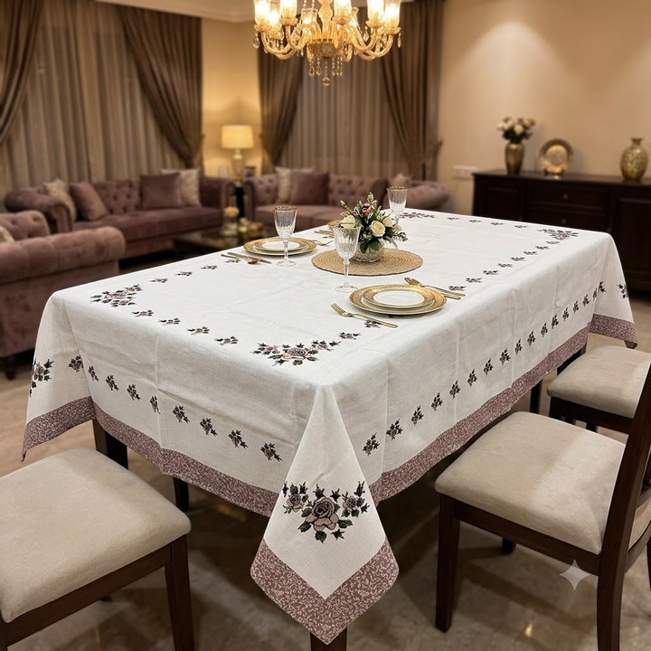 Phoolbahar Table Cover White &amp; Brown