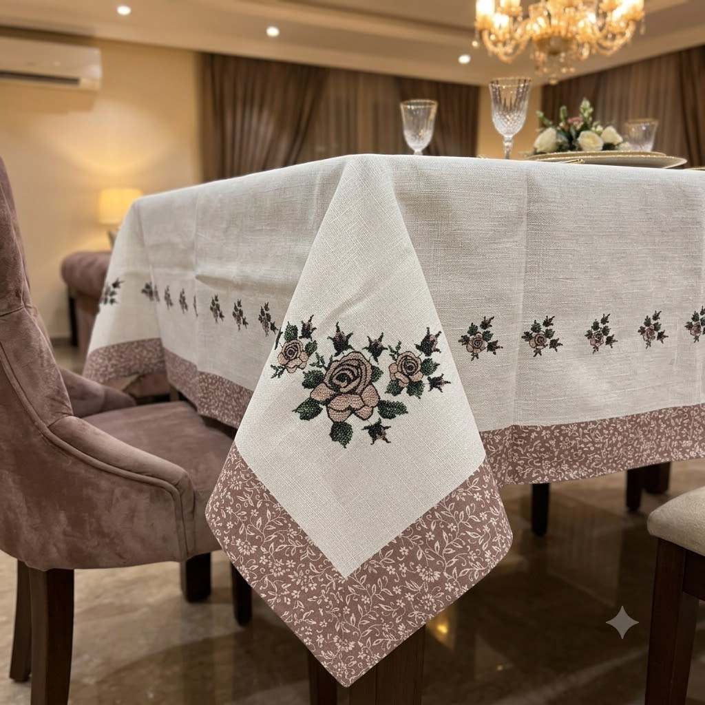 Phoolbahar Table Cover White & Brown