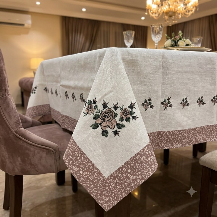 Phoolbahar Table Cover White &amp; Brown