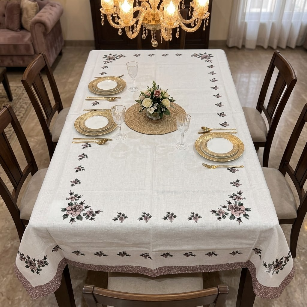 Phoolbahar Table Cover White &amp; Brown