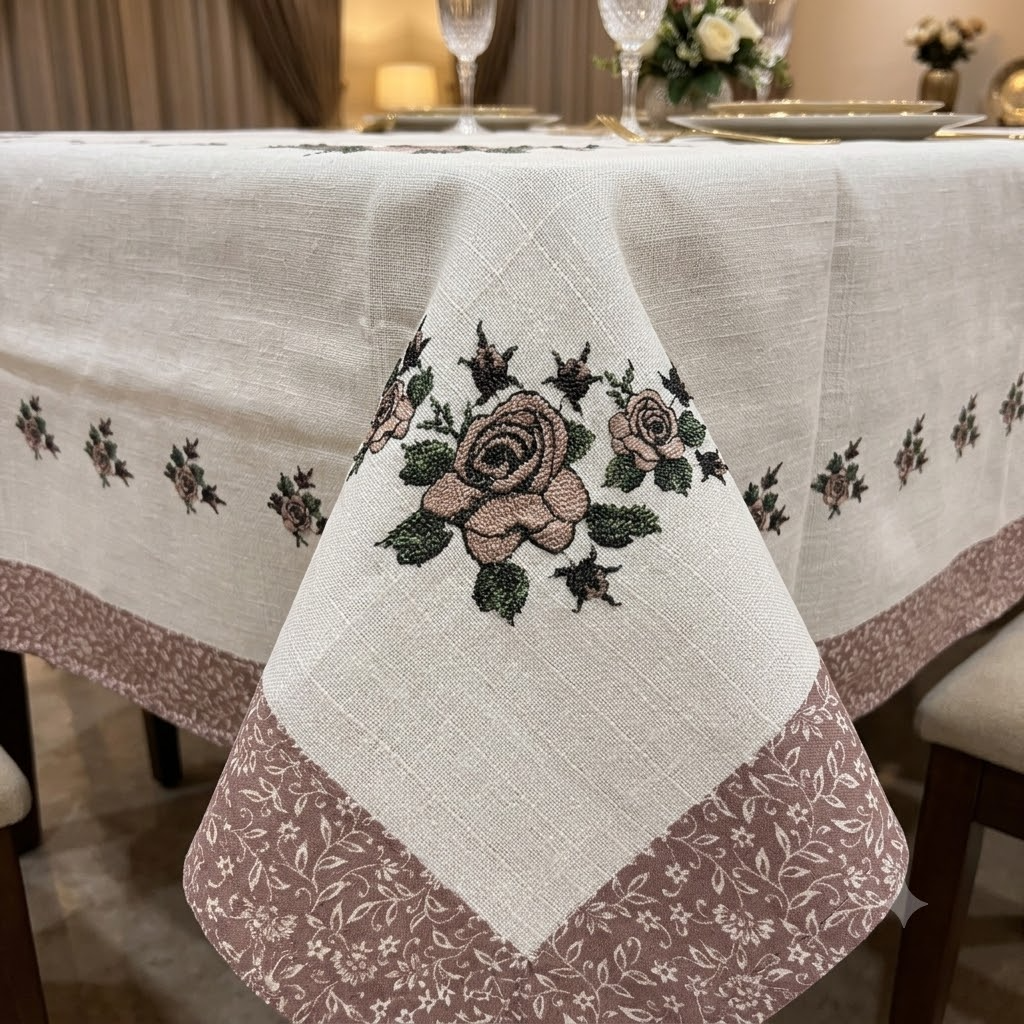 Phoolbahar Table Cover White &amp; Brown