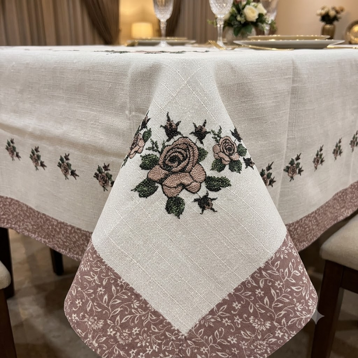 Phoolbahar Table Cover White &amp; Brown