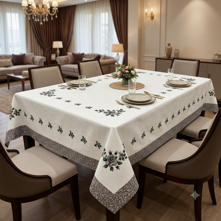 Phoolbahar Table Cover White &amp; Grey