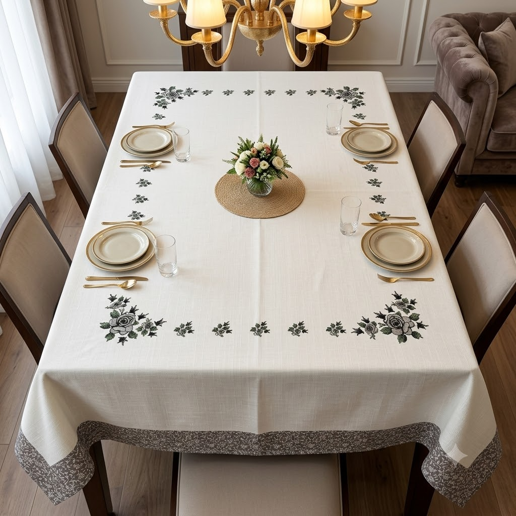 Phoolbahar Table Cover White &amp; Grey